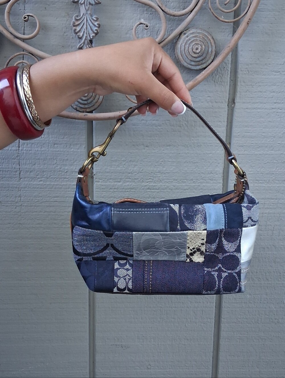 Coach Patchwork Denim Bagette in Navy, Cream and Brown - Picture 4 of 12